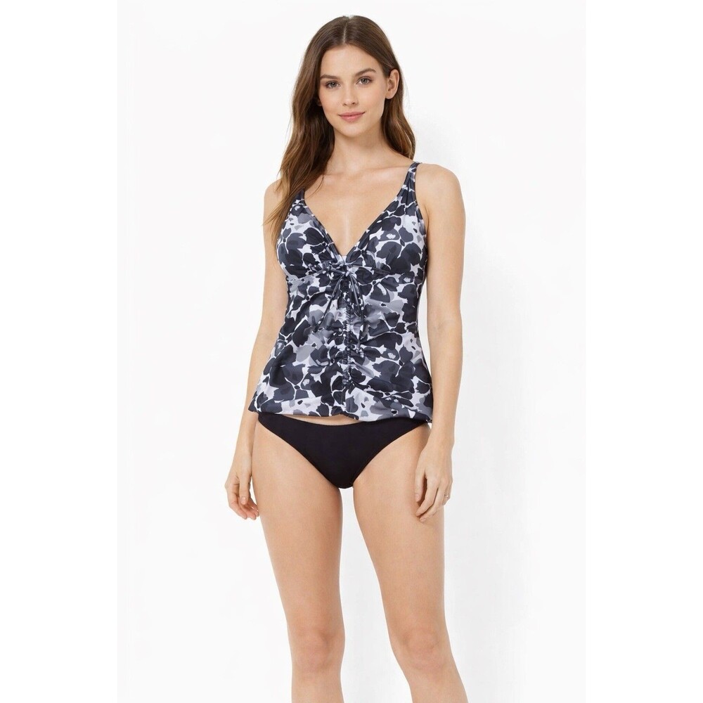 Nicole Miller Tankini Top Womens Small Black White Print Ruched Tie Front Swim